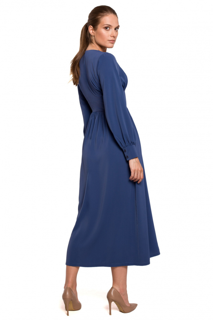 Sukienka Maxi - Z Marszczeniem i Dekoltem V Długi Rękaw - niebieska